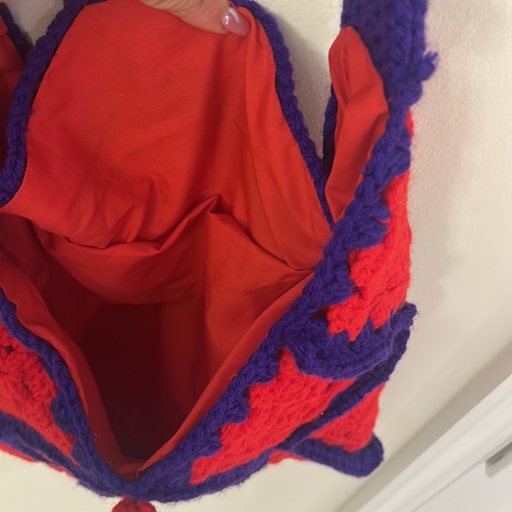 Hand Crocheted Knit Yarn Boho Tote Red Purple Purse Shoulder Bag Retro Granny - Picture 9 of 16